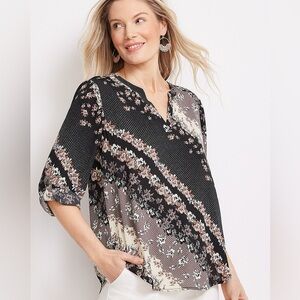 Maurices Atwood 3/4 Sleeve Popover Blouse – Black Mixed Floral Patchwork, Size M